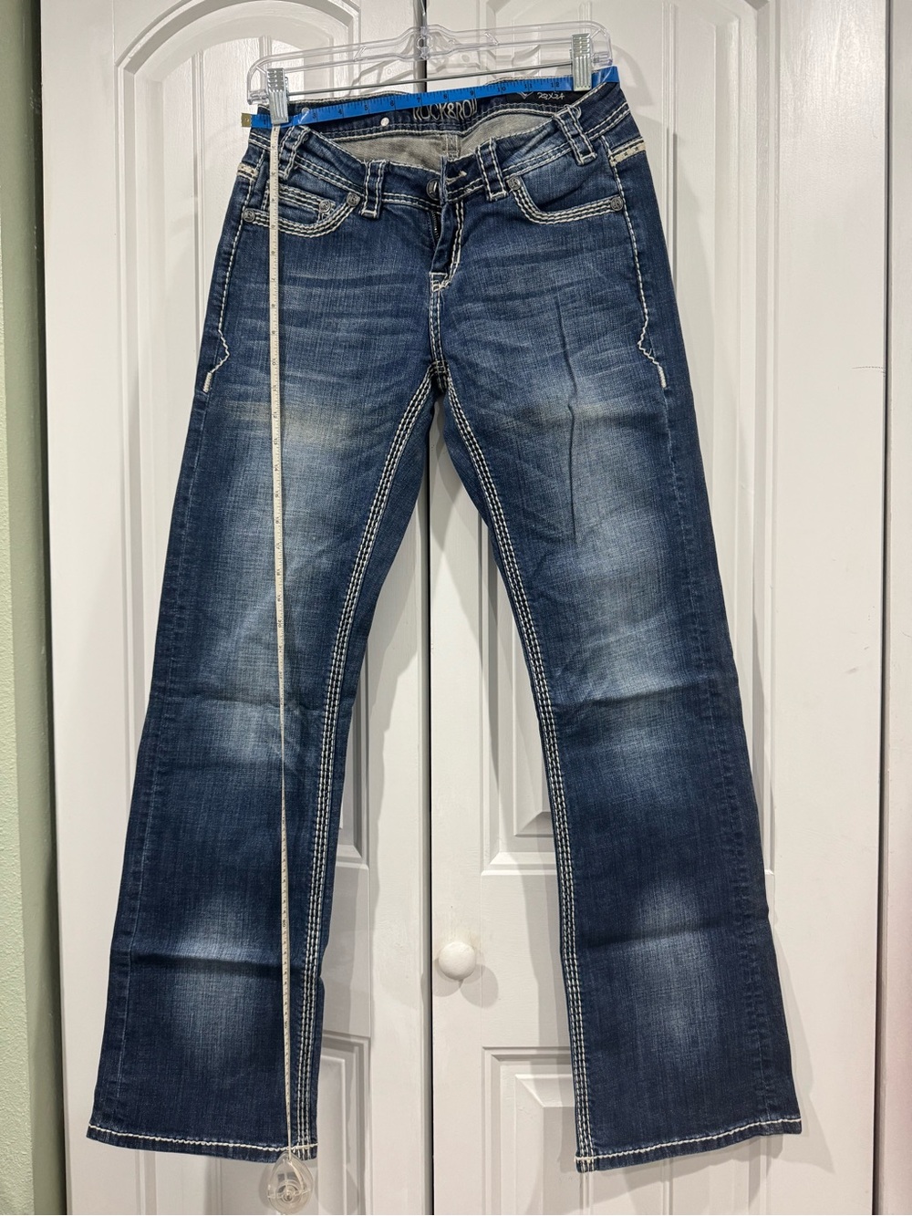 Women’s Bootcut Jeans in Distressed Dark Blue Denim